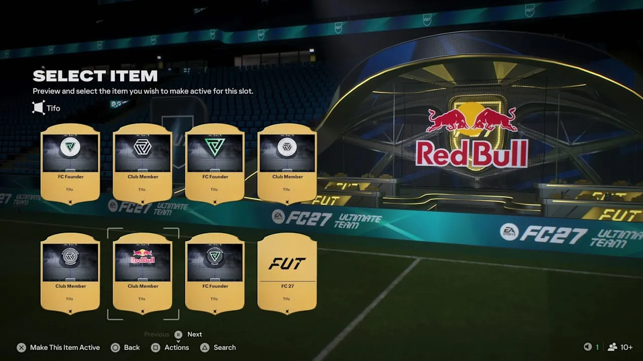 Tifo da Red Bull ocupando a arquibancada do estádio no Ultimate Team do EA SPORTS FC 27
