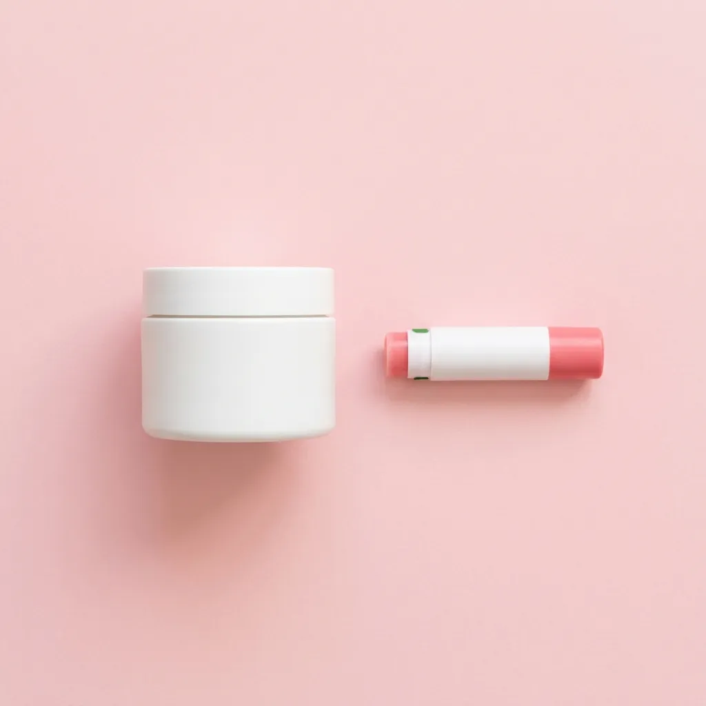 Creme facial e protetor labial da Vult dispostos sobre fundo rosa claro