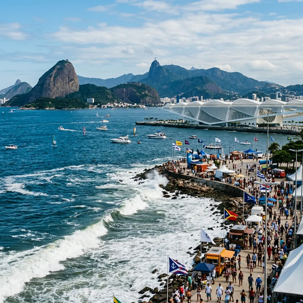 Festival no Museu do Amanhã com vista para a Baía de Guanabara e oceano ao fundo
