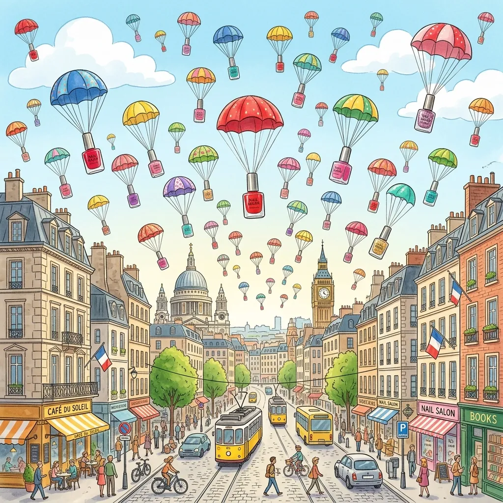 Ilustração de pequenos paraquedas carregando vidrinhos de esmalte enquanto descem sobre uma rua movimentada