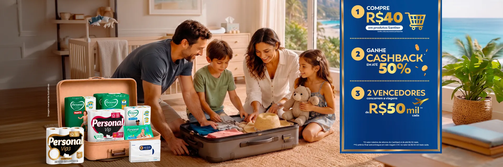 Peça oficial da campanha Santher com compra mínima de R$ 40, cashback e sorteio de viagens
