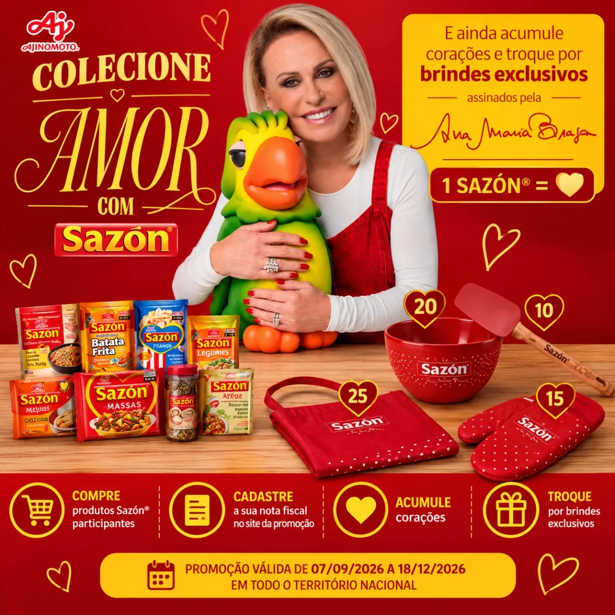 Brinde grátis: Compre e Ganhe Sazón: Troque Corações por Espátula, Luva, Bowl e Avental