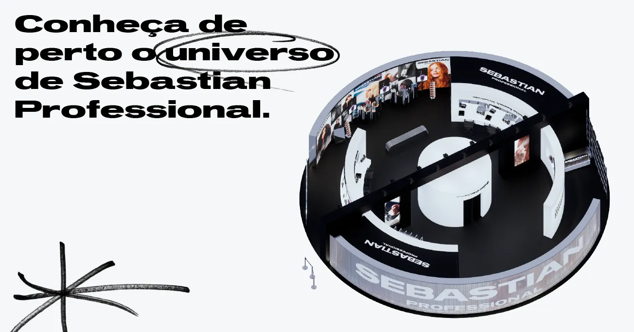 Maquete 3D do espaço circular do Sebastian Experience, com área de photobooth e cadeiras de styling