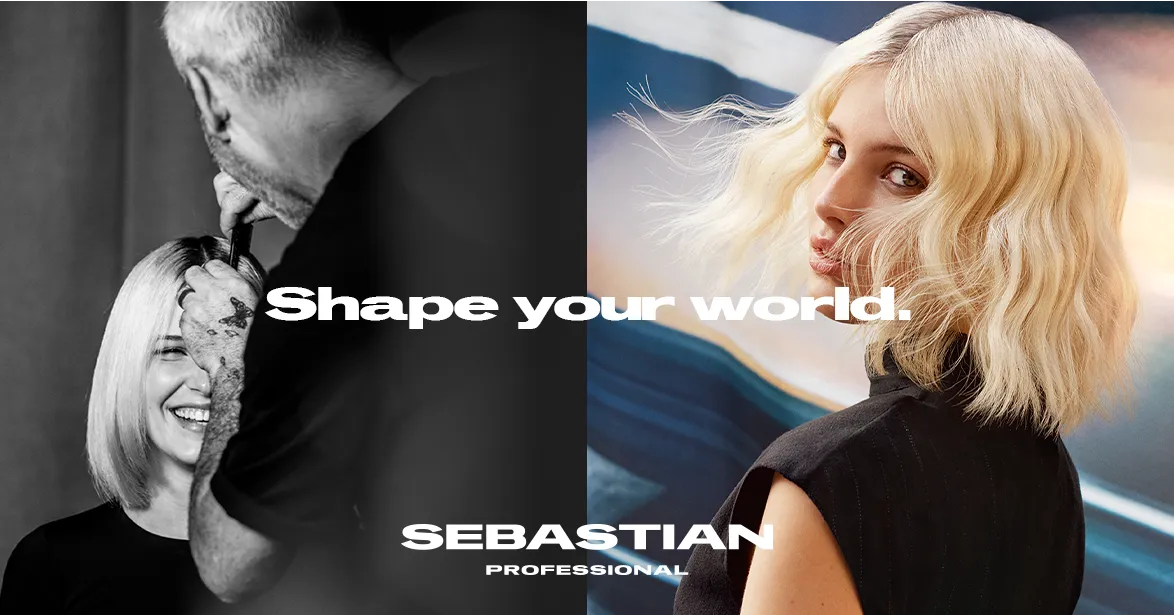 Campanha Shape your world da Sebastian Professional, com hairstylist finalizando um corte