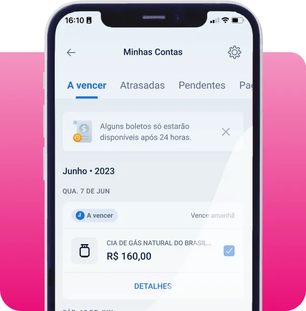 Tela do Minhas Contas no app da Serasa com boleto a vencer de R$ 160