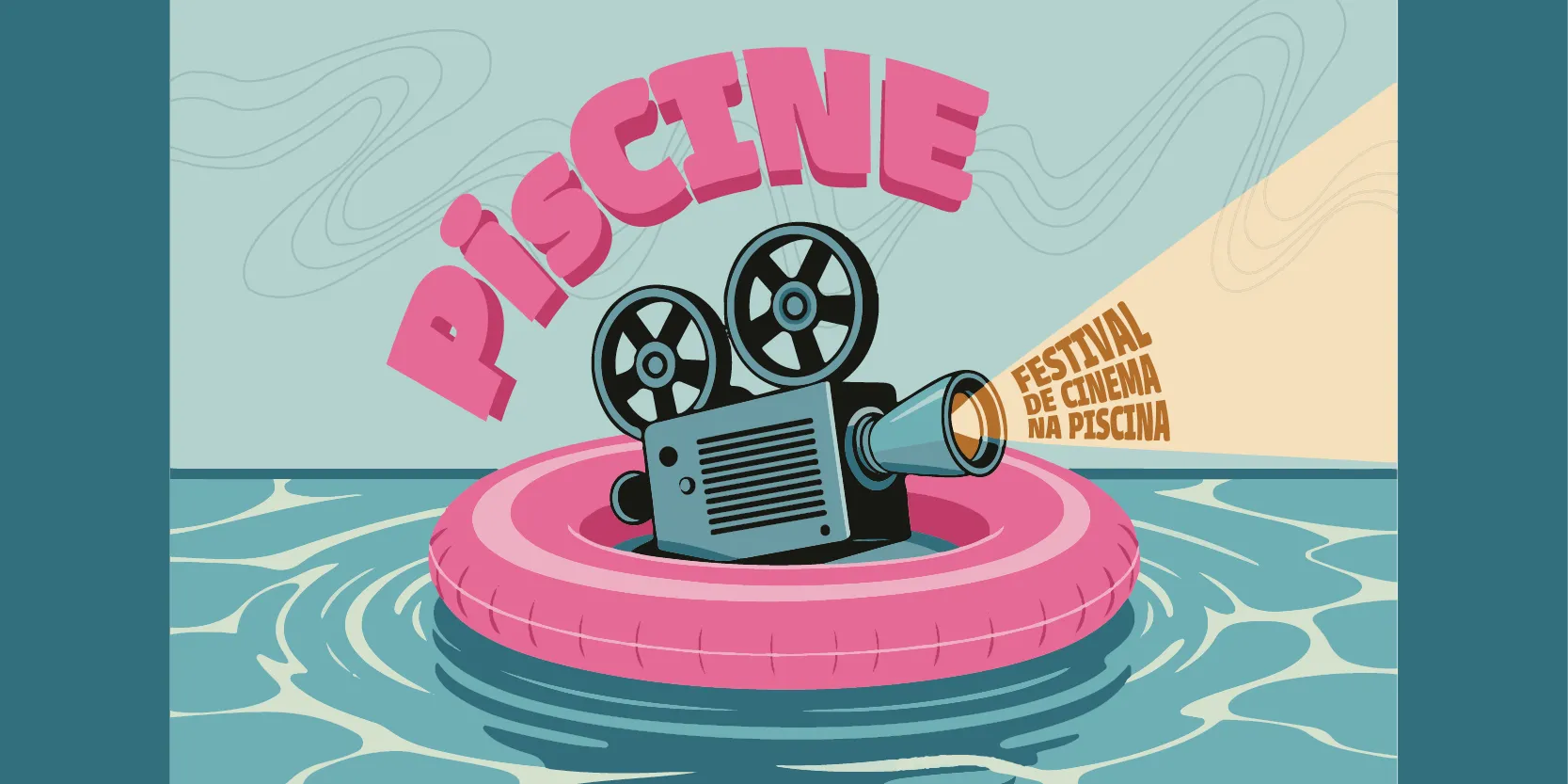 Arte do festival PisCine: projetor de cinema antigo boiando numa rosquinha inflável rosa dentro da piscina