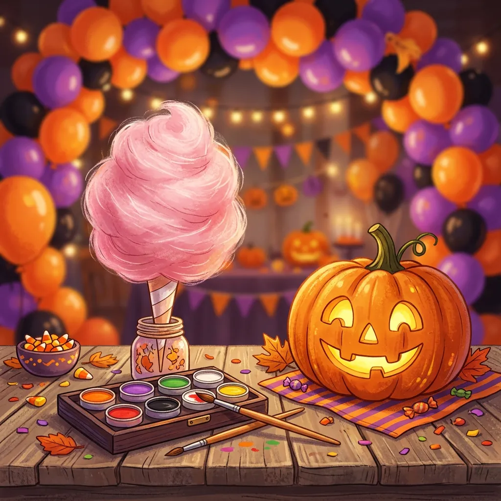 Ilustração de apoio com algodão-doce, estojo de tintas para rosto e abóbora de Halloween sobre uma mesa decorada com balões