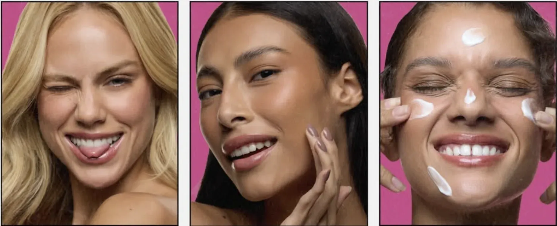 Três rostos da campanha Simple Organic sorrindo, um deles com creme aplicado nas bochechas