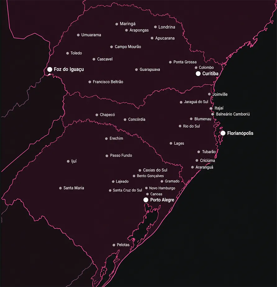Mapa da rota do Simple Bus com as 40 cidades de Santa Catarina, Rio Grande do Sul e Paraná