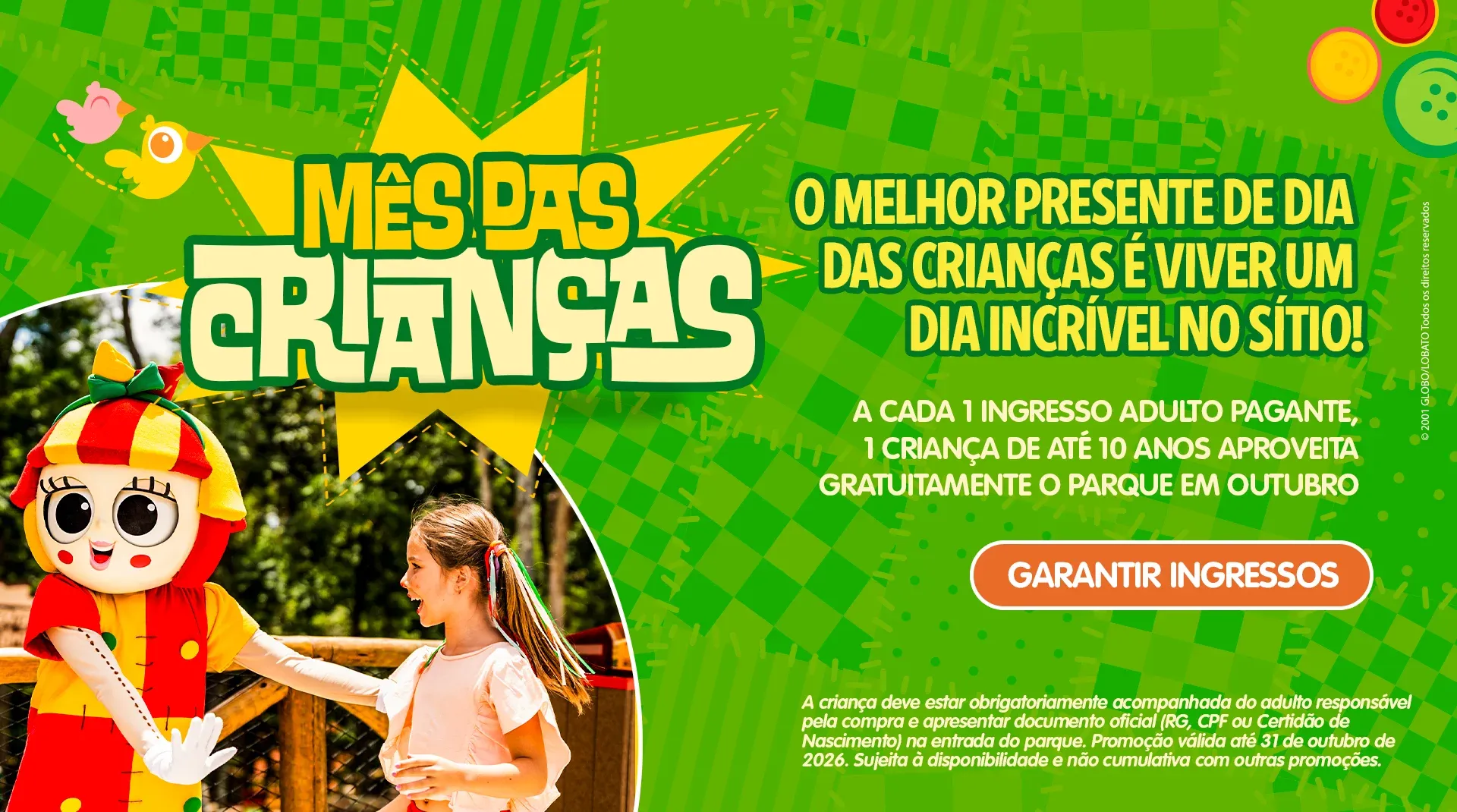 Banner oficial do Mês das Crianças no Sítio: a cada ingresso adulto pagante, uma criança de até 10 anos entra grátis em outubro