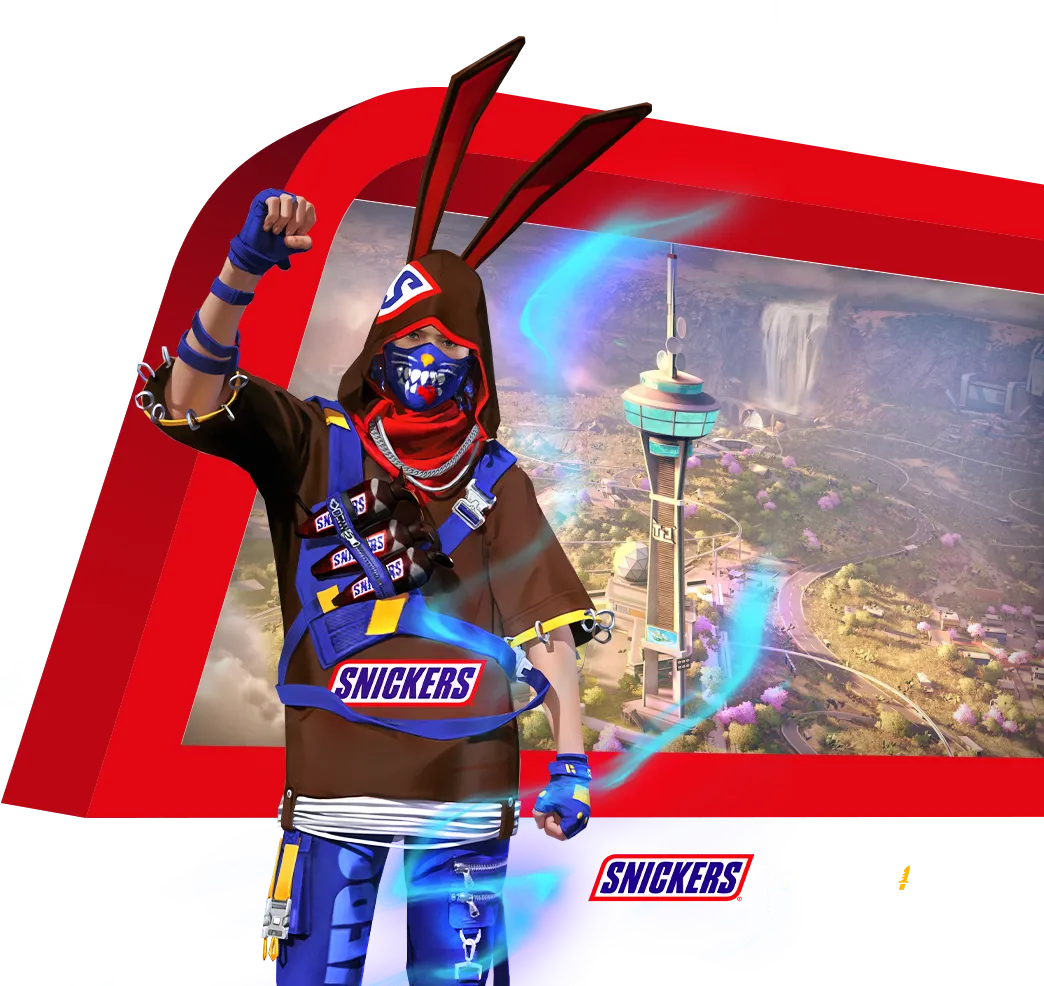 Personagem do Free Fire com a skin da parceria Snickers, de capuz com orelhas e máscara
