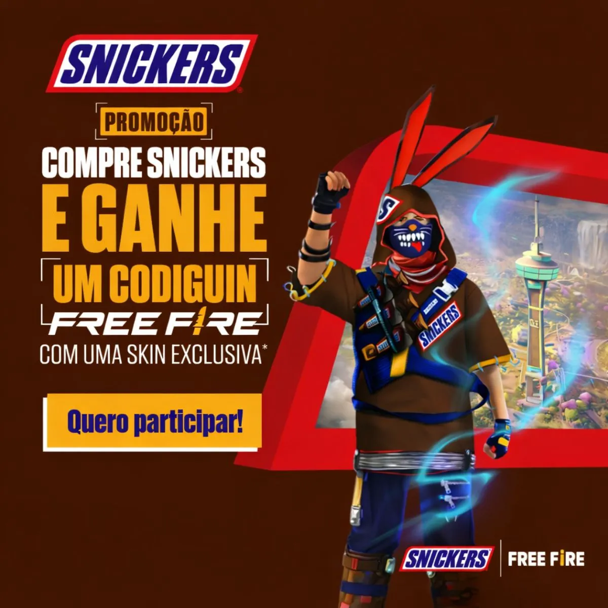 Brinde grátis: Compre e Ganhe Snickers: Codiguin Free Fire com Skin Exclusiva a Cada Barra