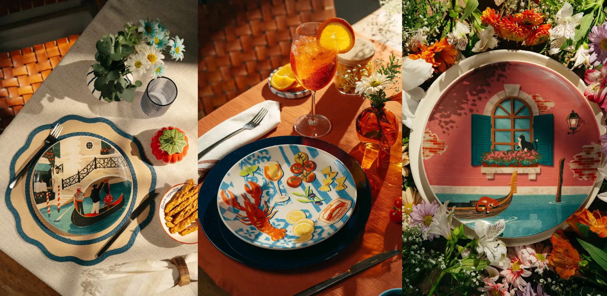 Pratos colecionáveis Spoleto 2026 com cenas românticas, gastronomia italiana e fachada florida de Veneza.