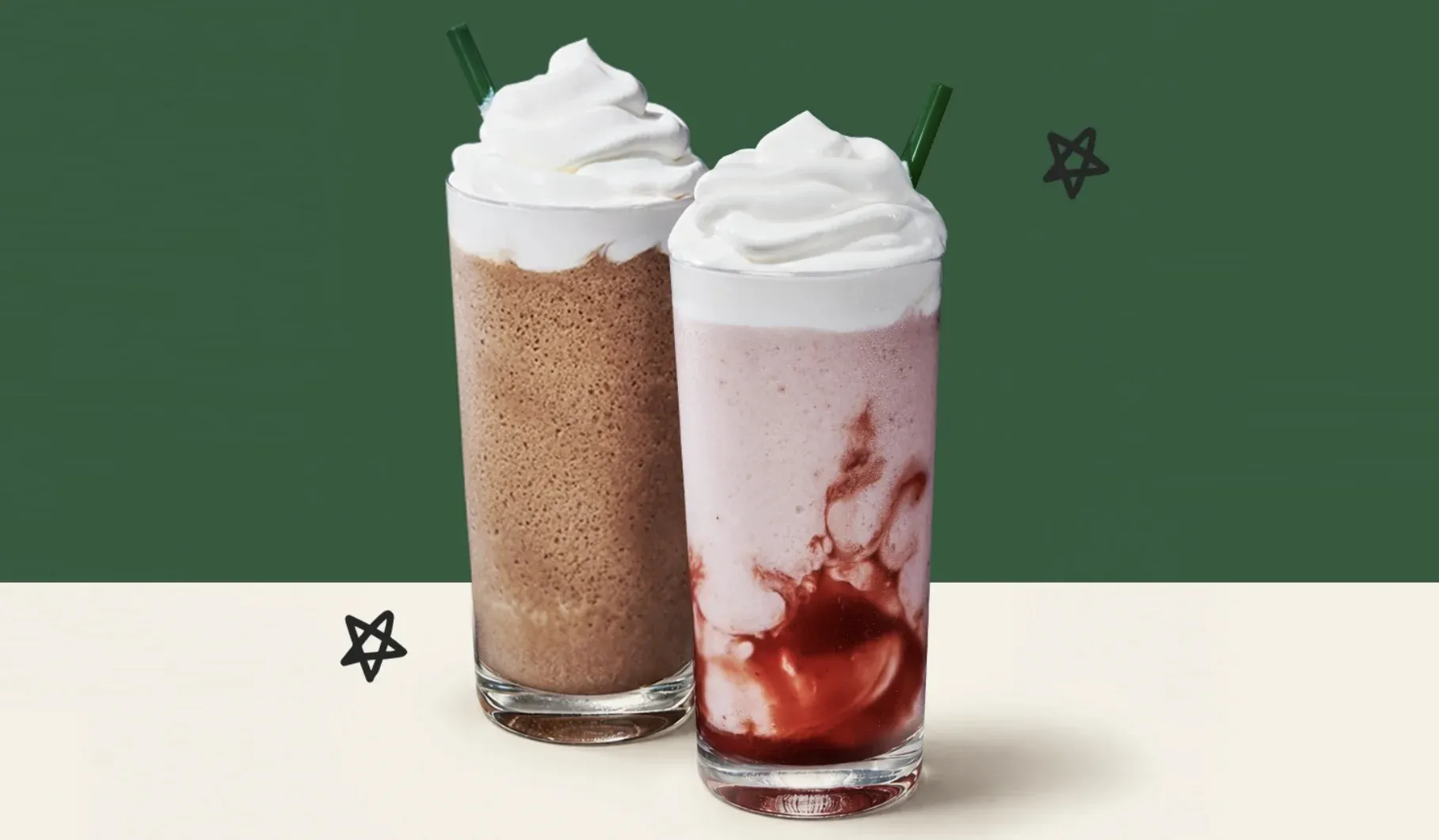 Dois Frappuccinos cobertos com chantilly, em sabores diferentes