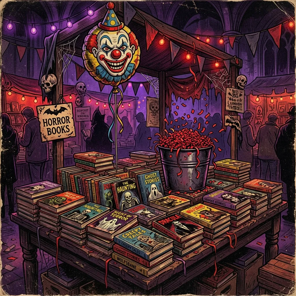 Ilustração: expositor de livros de terror com balão de palhaço e iluminação em roxo e vermelho