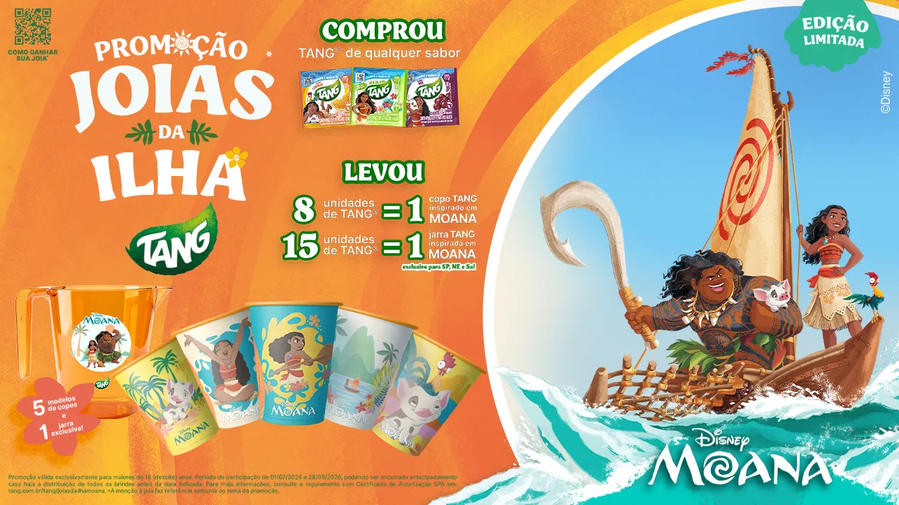 Banner oficial da promoção Joias da Ilha da Tang mostrando os cinco modelos de copo e a jarra laranja com Moana