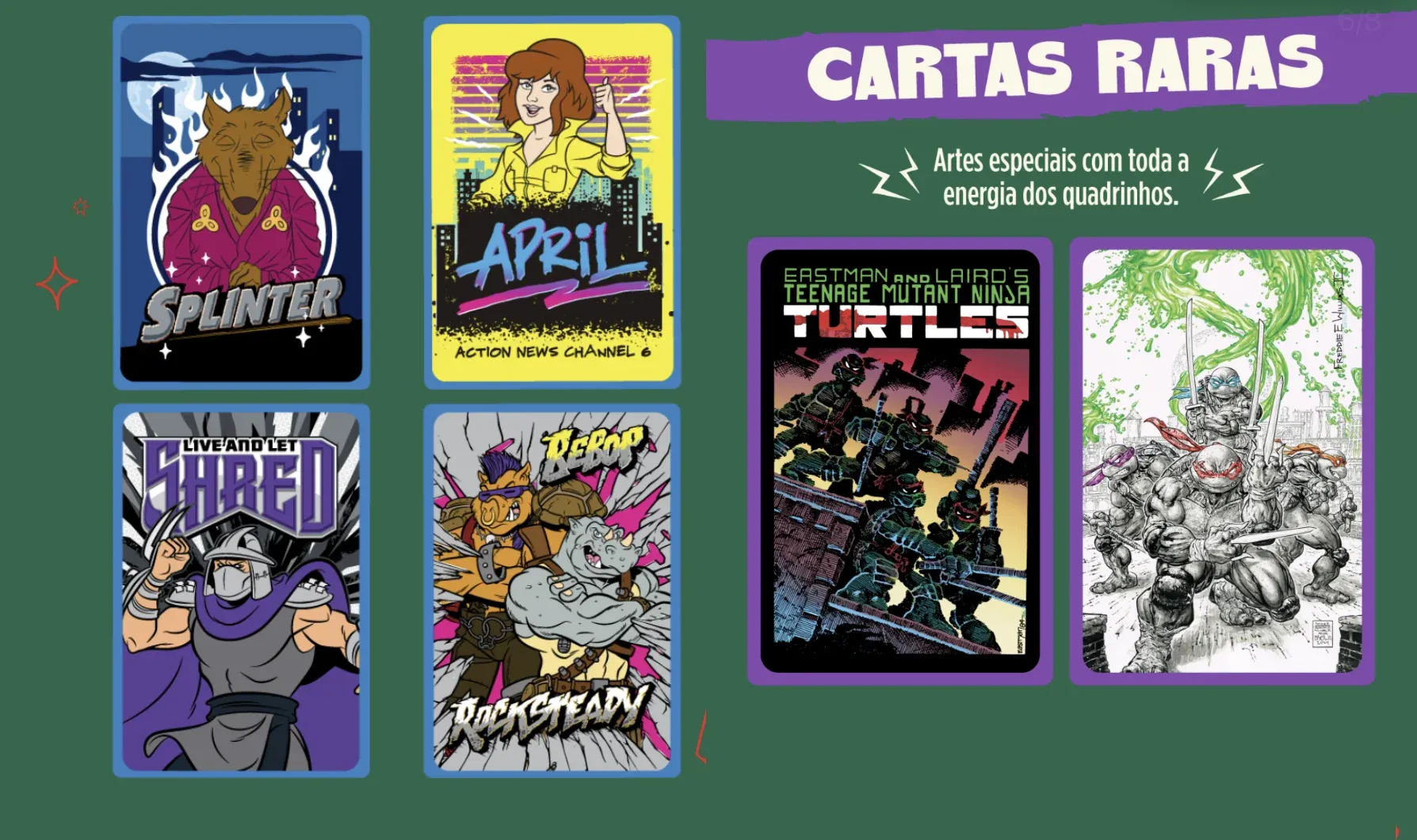 Cards raros e ultrarraro da coleção Tartarugas Ninja Pizzaria