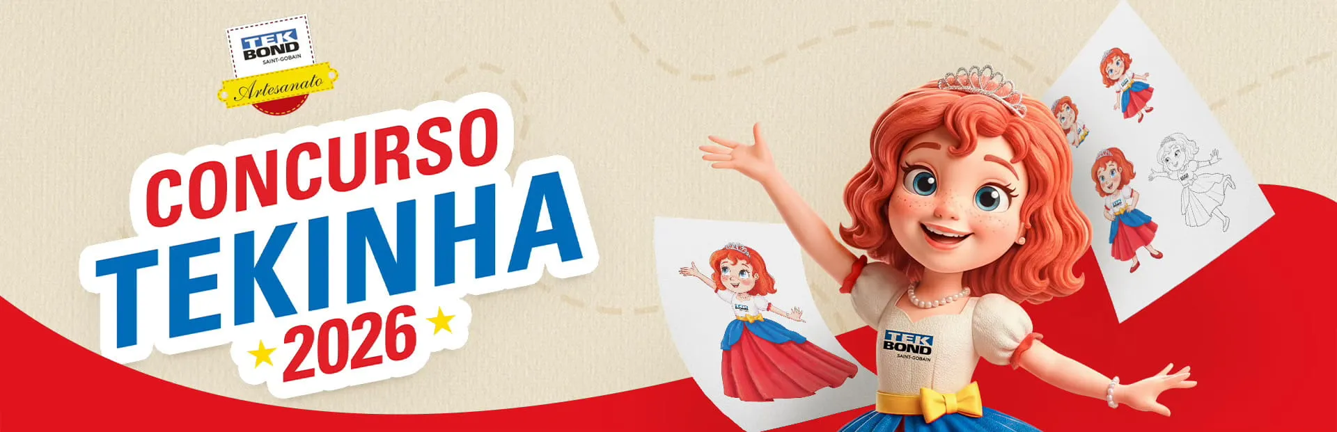 Arte oficial do Concurso Tekinha 2026 da Tekbond Artesanato, com a mascote ruiva de coroa ao lado de desenhos da personagem