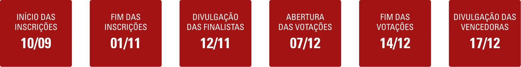 Cronograma do Concurso Tekinha 2026: inscrições de 10/09 a 01/11, finalistas em 12/11, votação de 07/12 a 14/12 e vencedoras em 17/12