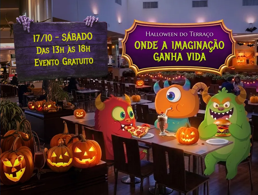 Cartaz do Halloween do Terraço mostra três monstrinhos coloridos e informa o evento gratuito de 17 de outubro, entre 13h e 18h