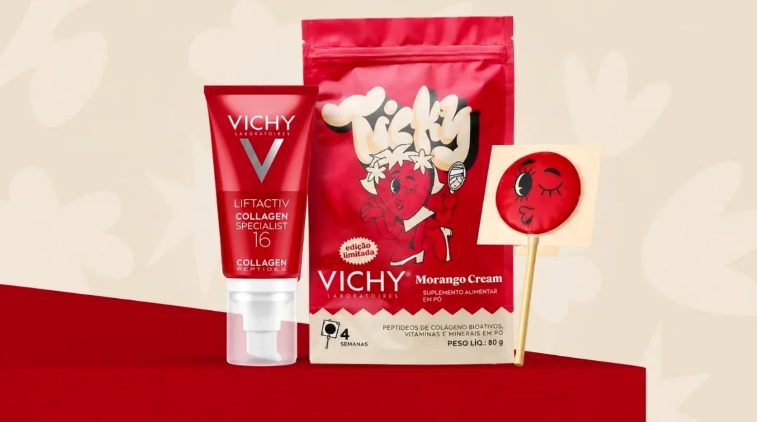 Brinde grátis: Compre e Ganhe Vichy: Pirulito Ticky de Morango Cream Zero Açúcar como Brinde