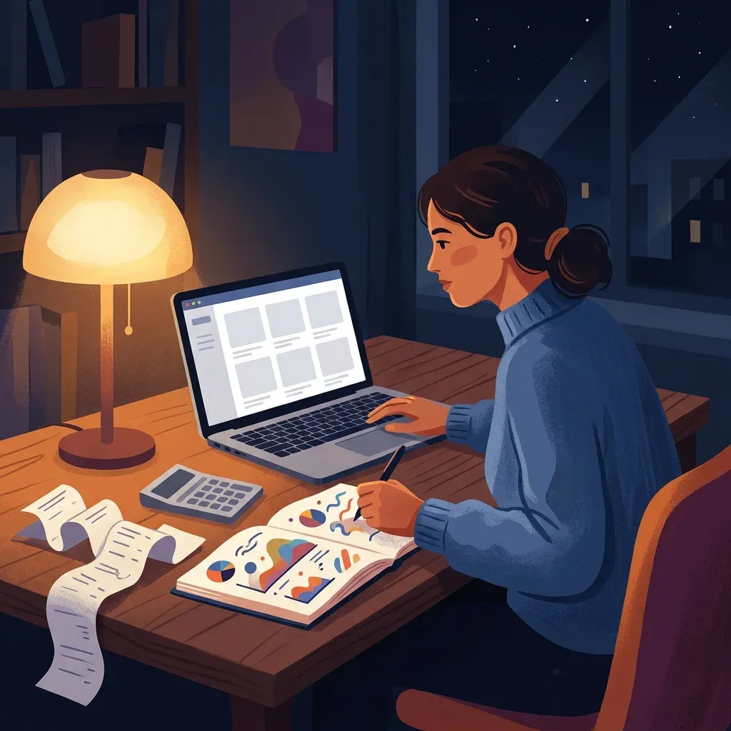 Ilustração de uma pessoa assistindo a uma aula online no notebook, à noite, com calculadora e notas fiscais na mesa