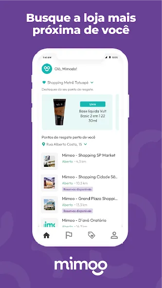 Tela do app Mimoo com a lista de pontos de resgate, entre eles Shopping SP Market e Shopping Metrô Tatuapé