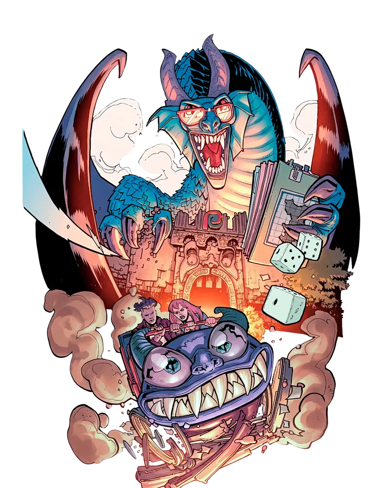 Ilustração oficial da Virada Nerd 2026 com dragão de óculos, dados de RPG e um castelo