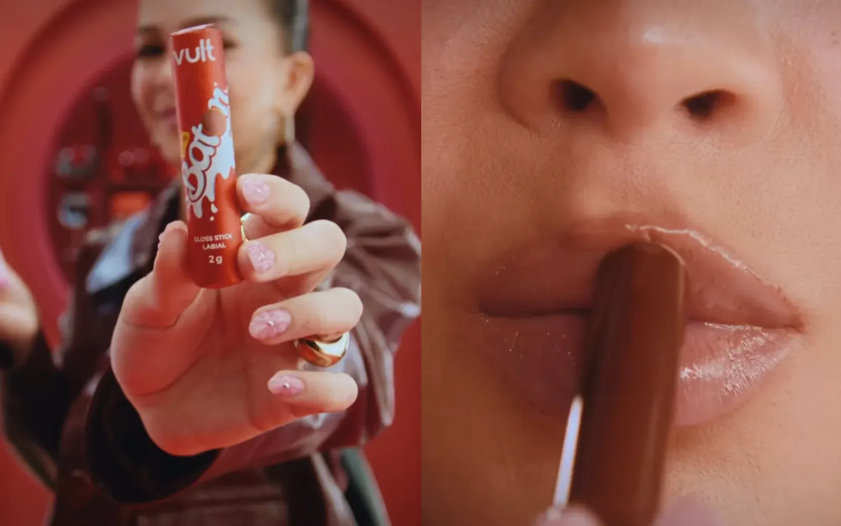 Gloss labial da collab Vult e Baton nos lábios